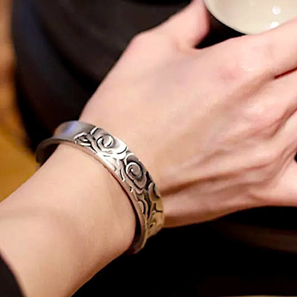 Sterling Silver Flower Bangle Bracelet, Engraved Elegant Floral Design